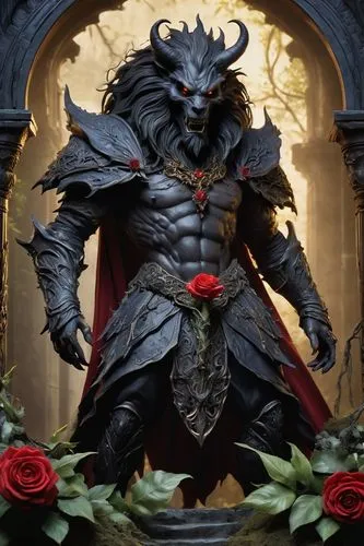 Action Figure， Full body. Create a highly detailed dark version of Beauty and the Beast. In this version, Beauty is not an innocent girl but a sinister enchantress who cursed the Beast to serve as her