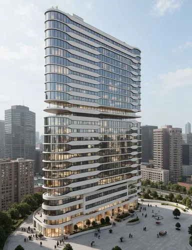 Modern winning award architectue, glass facade with white aluminium horizontal fins extruded to form the shadow, located in the hear of city, with big plaza in font, many people walking, nice landscap