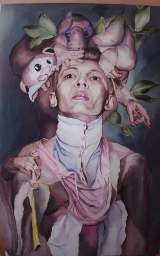 a painting of a man with flowers and faces,oil on canvas,primitive man,figuration,meticulous painting,apotheosis,rococo,oil paint,oil painting on canvas,cadaver,dissected,lobotomy,anatomical,anatomist