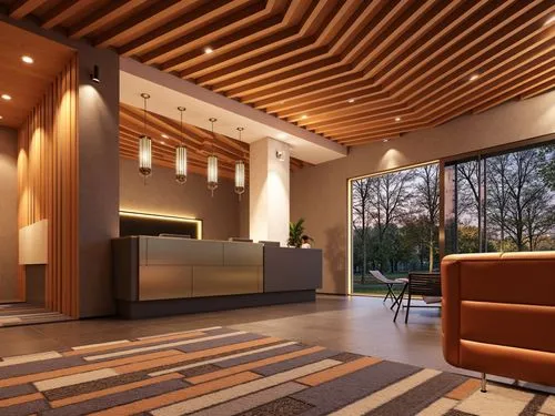 
a cozy lobby,a lobby area is furnished in shades of brown,luxury home interior,interior modern design,modern living room,contemporary decor,patterned wood decoration,modern decor,paneling,interior de