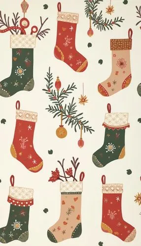 A folklore Christmas wallpaper featuring stockings, styled with pastel tones tones, evoking a festive and cheerful atmosphere.,christmas stockings and christmas tree decorations on white,watercolor ch