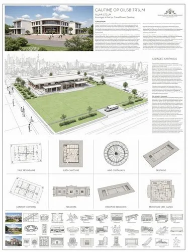 full of overview stadium , an architectural presentation board of an artist's residence design with floor plans, views, perspectives 3D renders and texts in a neatly composed sheet with white space an