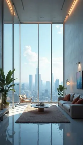 A futuristic living room with large windows overlooking the city, simplistic design, clean, glass walls, and floor-to-ceiling glass on one side of the room. The room features sci-fi concept art, conce