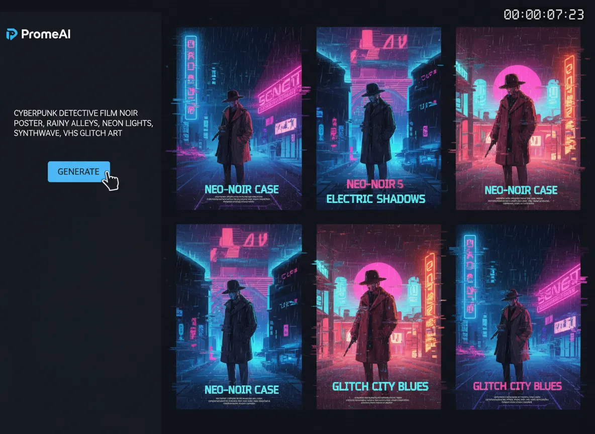 Un'animazione veloce che mostra la generazione di molteplici varianti di poster con effetto glitch VHS da un singolo prompt di testo nell'interfaccia di PromeAI.