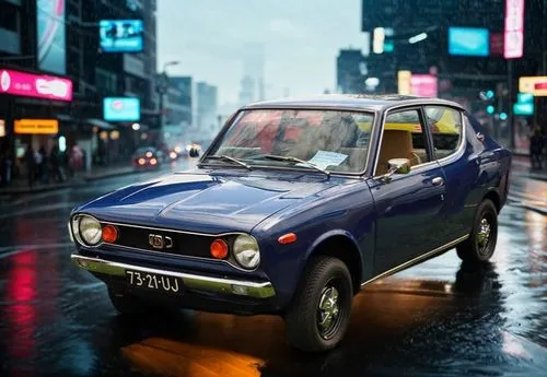 driving along street, cyberpunk city, cinematic lighting, raining,renault 8,autobianchi bianchina,renault 4,fiat 125,lada niva,suzuki sj,polski fiat 125p,innocenti mini,fiat 1200,fiat 124,datsun 510,a