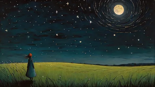 midnight,Beautiful moonlight, in huge grass field, A soft wind blows, girl standing at a distance looking at the starry sky, 1 girl,starry night,starry sky,cosmos field,falling star,the night sky,the 