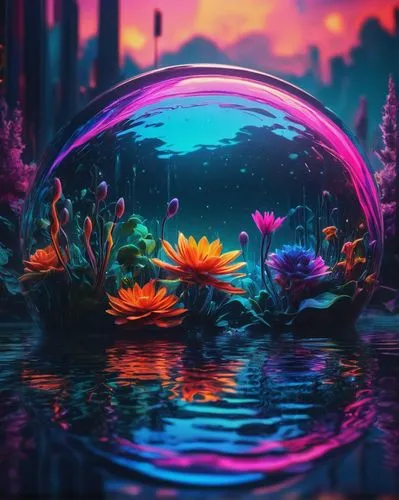 Free-style, abstract, artistic, futuristic, dreamy, surreal, psychedelic, vibrant colors, glowing neon lights, 3D geometric shapes, melting objects, distorted reflections, ripples on water, abstract f