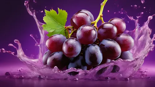 Powerful liquid explosion, grapes, purple background
