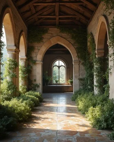margen medieval hecho de hojas, decoraciones y dejando un espacio grande en medio del marco,there is a walkway lined with green plants,cloisters,cloister,forest chapel,cloistered,monastery garden,arch