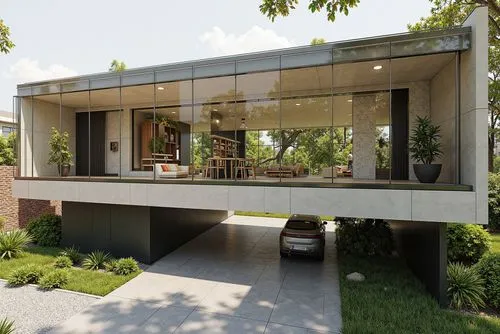 A photo-realistic rendering of a modern, minimalist house with a contemporary design. the house is a two-story structure with a concrete exterior and large glass windows that allow natural light to fi