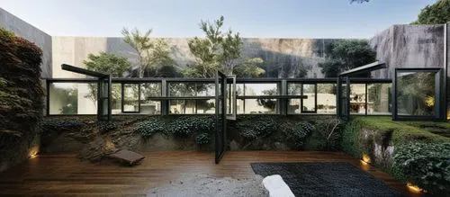 an outdoor space is covered with plants and grass,landscaped,cubic house,modern house,forest house,dunes house,glass wall,mirror house,landscaping,exposed concrete,modern architecture,interior modern 