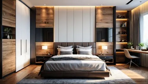 Modern bedroom interior design for Modern contemporary interior design,the bed is neatly made in the large bedroom,headboards,modern room,headboard,bedroom,modern decor,contemporary decor,wooden wall,