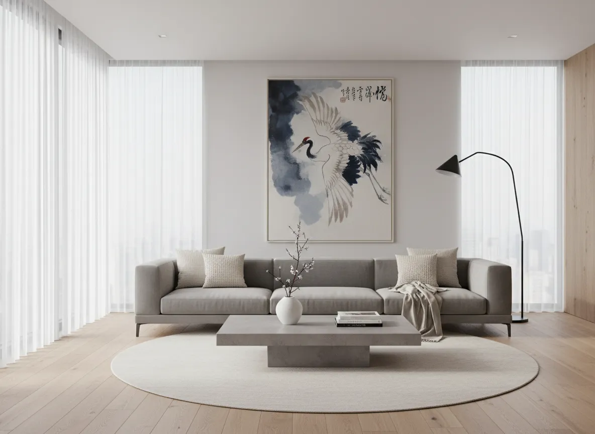 Interno di un soggiorno moderno ed elegante con una grande pittura a inchiostro di una gru, generata dall'IA e incorniciata, appesa sopra un divano minimalista.