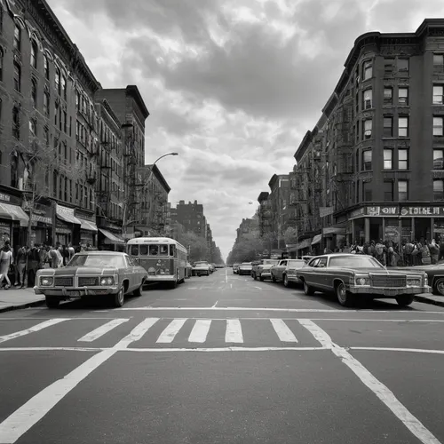 Harlem, NYC, black and white photo, 1972,new york streets,meatpacking district,flatiron,flatiron building,harlem,new york taxi,aronde,vanishing point,5th avenue,manhattan,newyork,broadway,broadway at 