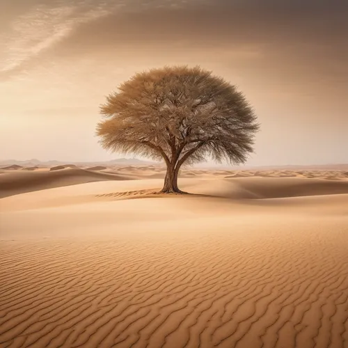 Minimalist landscape art with a single tree in a vast desert. Sandy beige tones and the illusion of infinite space. high resolution,argan tree,isolated tree,argan trees,lone tree,libyan desert,capture