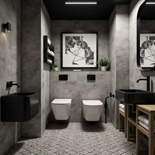 Industrial chic powder room, concrete walls, raw metal fixtures, minimalist decor, sleek sink basins, wall-mounted toilets, bold black and white color scheme, geometric patterned floor tiles, rugged s