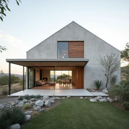  ,a small concrete house with green grass in the yard,dunes house,siza,cubic house,modern house,mid century house,house shape