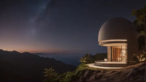 warm tropical architecture minimalist concrete capsule in top of a mountain with the stars of the night timelapse, high quality, 8k,sky space concept,observatory,telescopes,astronomy,sky apartment,obs