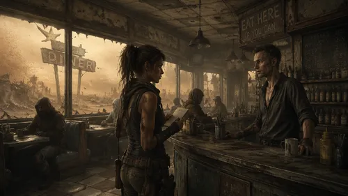 postapocalyptic, an old diner interior, a young survivalist warrior woman taking an order, a man bartender with scars, the guy is skinny, other people are in the diner, outside of the diner is a sands