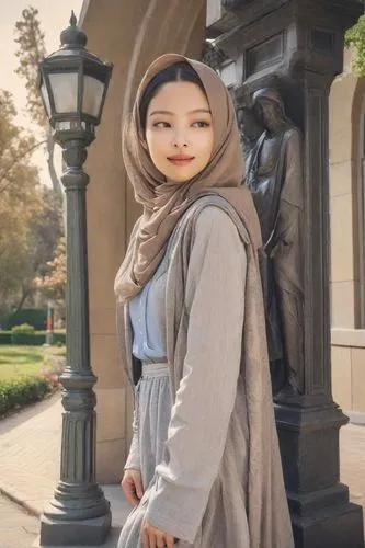 a woman wearing hijab, beautiful dress, broad shoulders, tall body, simple and elegant woman, polite woman,girl in a historic way,hijaber,hijab,islamic girl,asian woman,hanbok,muslim woman,babushka do