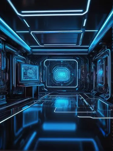 AI-generated futuristic digital image, vibrant neon lights, glowing blue circuits, intricate mechanical details, metallic reflective surface, holographic projection, futuristic laboratory setting, sle