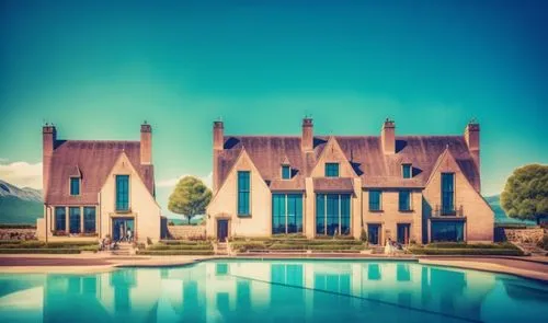 glass bricks tiles garden sunlight blue sky landscape people lake trees park hotel forest mountains,a large house with a pool and gardens around it,chateau,mansion,pool house,luxury property,mansions,