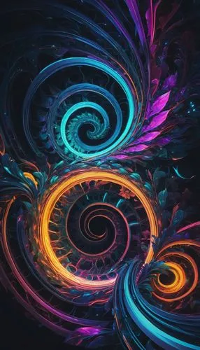 Free, creative, artistic, futuristic, neon-lit, abstract, digital art, AI-generated, vibrant colors, swirling patterns, fractal shapes, glowing lines, shimmering lights, 3D-like depth, surreal atmosph