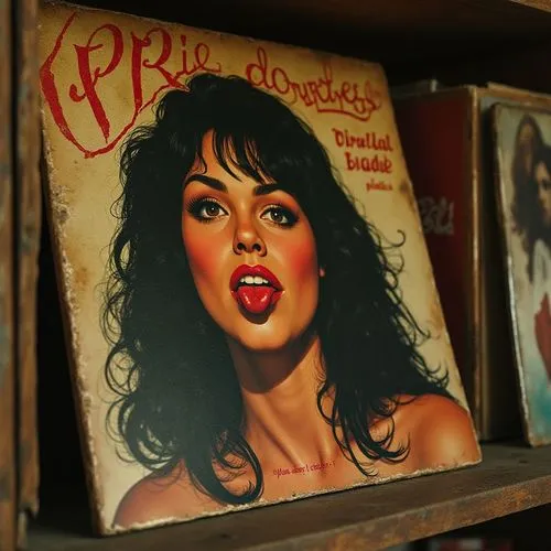 an old - time po of a women's magazine cover on a shelf,pin ups,caricatures,videodiscs,memorabilia,pin-up model,music book,slipcase,catalogs,fifties records,pin up,pimientos,videodisc,caricaturist,dol