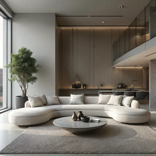 Room,    Contemporary, Sleek curves, Brushed metal, smooth ceramic,a living room with couches, coffee table, lamps and plant,minotti,modern living room,interior modern design,luxury home interior,pent