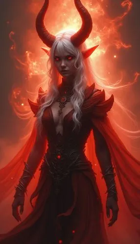 Create a striking fantasy character design featuring a mystical being with prominent horns and ethereal, flowing white hair. The character is enveloped in a vibrant red aura that suggests powerful mag