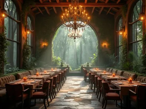 Forest-inspired dining hall ambiance, grand chandelier, wooden tables, comfortable cushioned chairs, greenery walls, vines crawling up pillars, soft warm lighting, misty atmosphere, large windows over