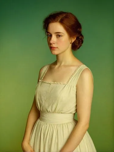 Mary Ward,a young woman dressed in a dress with red hair,vintage female portrait,girl in a long dress,young woman,vintage woman,portrait of a girl,portrait background,vintage girl,girl in white dress,