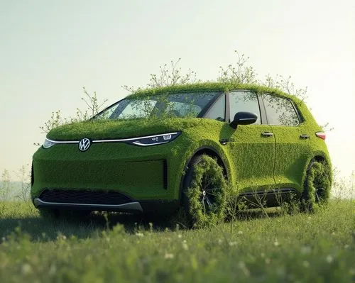 Create a highly detailed and artistic rendering of the Volkswagen ID Buzz 2024. Integrate elements of nature into the design. . Thin roots growing acress the car. The car should be fully covered with 