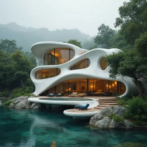 Diseño de Una vivienda Orgánica de caracter futurista al estilo del arquitecto Roberto Carlos Gómez Castro, resalta por sus formas curvilineas, amplios vitrales, balcones y sus areas exteriores ajardi