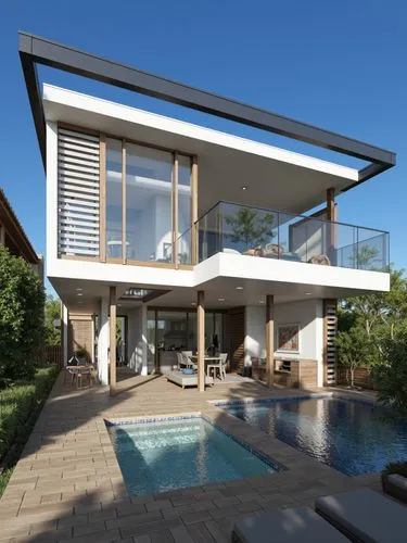A modern two-story house with a contemporary design, featuring a large glass balcony on the upper level and a wooden deck on the lower level. the house is surrounded by a well-manicured lawn and a sma