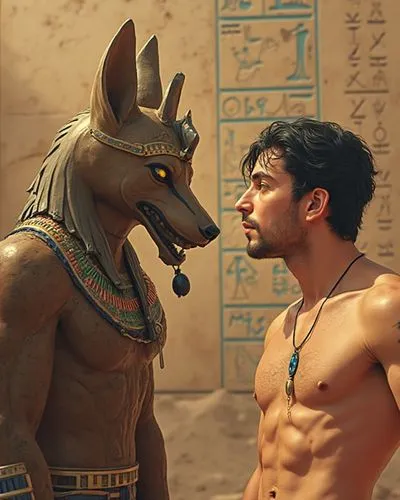 Anubis, represented by the head of a jackal, takes on a muscular male human body and looks at the mask of Tutankhamun, in the background a large wall adorned with brightly colored Egyptian hieroglyphi