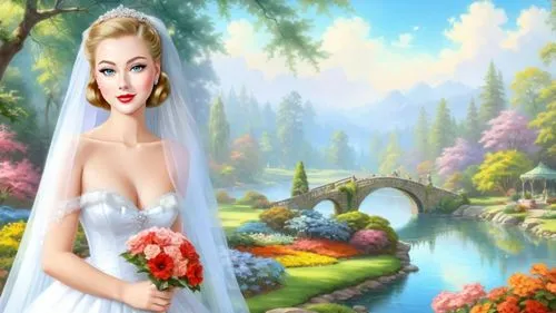 Romantic masterpiece oil painting, 1950's kitsch style, Victorian arboretum garden, bridal veil, high res, by Thomas Kinkade, by Bob Ross,a digital painting of a bride in a white dress,the bride,blond