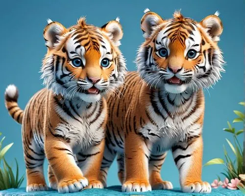 A close-up, high-resolution 3D render: Two small Siberian tigers, brown and gray, are positioned on the right side of the image, standing next to each other. The first cub is facing the left, with bot