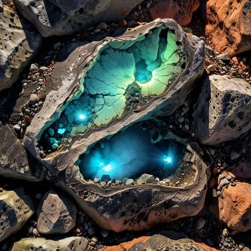 roccia spaccata , lavorata e levigata di colore nero, con all'interno minerali fluorescenti,rock with blue rocks underneath a green and yellow light,opals,geode,opal,colored stones,colored rock,topaz,