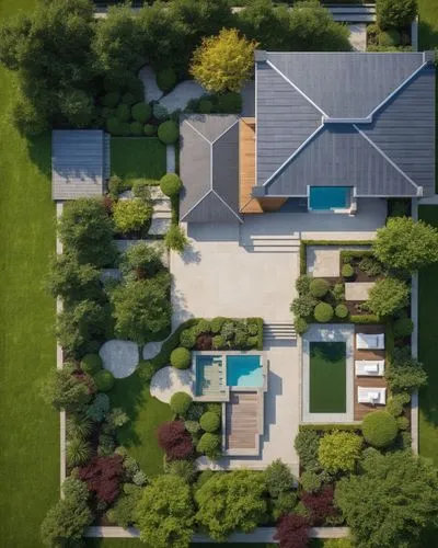 an aerial view of a home with pool surrounded by trees and bushes,suburban,florida home,suburbia,new england style house,bungalow,large home