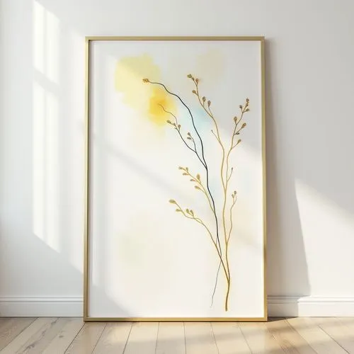 delicate elegant painting on white wall,pastel colors and gold and yellow and blue, simple slim gold frame, frontview, vertical,lineart,abstract branches
,a painting on a wall in a white room,blossom 
