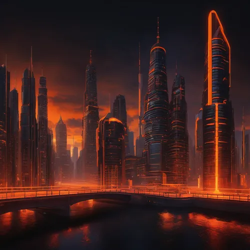 Imagine a futuristic cityscape illuminated by neon orange lights.,futuristic landscape,dystopian,city in flames,dubai,cityscape,metropolis,city skyline,black city,city cities,ancient city,destroyed ci