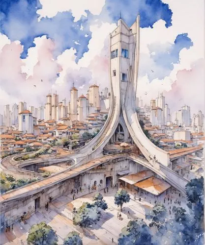 architectural watercolor drawings,futuristic architecture,nairobi,sky city,fantasy city,khartoum,skyscraper town,futuristic landscape,skyscrapers,são paulo,lotte world tower,urban development,addis ab