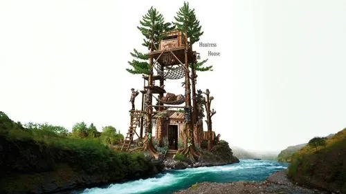 река в ущелье,an artistic water clock tower sitting above a river,tree house hotel,tree house,tower fall,watch tower,lookout tower,fairy chimney,floating island,house with lake,watchtower,floating isl