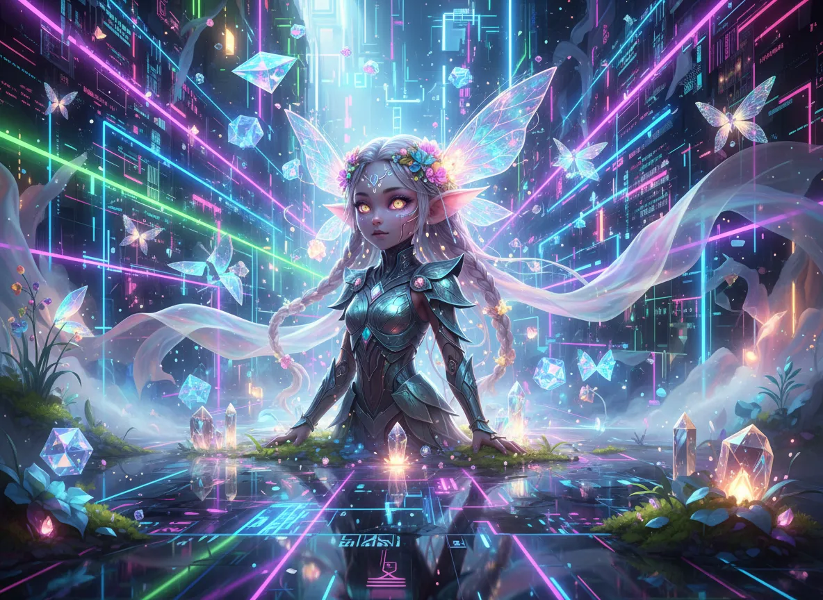 एक शैलीगत मिश्रण को प्रदर्शित करने वाली एक छवि, जो एसिड ग्राफ़िक्स के नियॉन ग्राफ़िक एलिमेंट्स को साइबर फेयरीकोर के नरम, ईथरल एलिमेंट्स के साथ जोड़ती है।