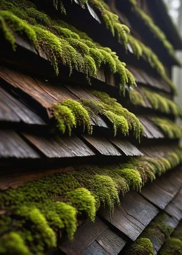 Weathered wooden architectural shingles, rustic, old, brown, wooden texture, detailed grooves, partially broken, worn out, moss growing, forest surroundings, misty atmosphere, foggy morning, warm soft