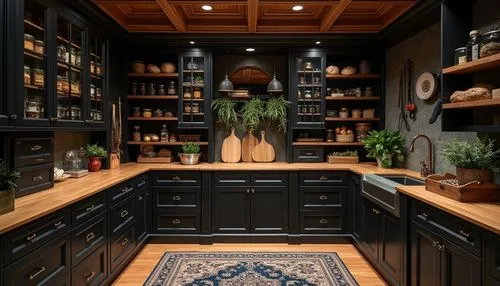A luxurious and organized pantry with dark, rich cabinetry painted in matte black, featuring glass-front cabinets with integrated lighting that showcases neatly arranged jars, baskets, and preserved g