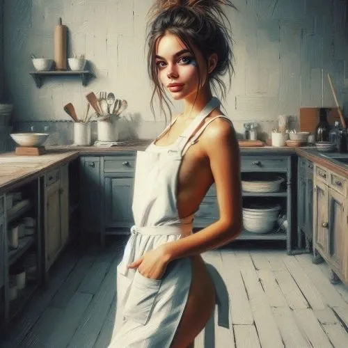 naked skin, breast,girl in the kitchen,donsky,housemaid,heatherley,photorealist,cocina,kitchen,milkmaid,kitchen work,pushkina,housework,cucina,housewife,girl with bread-and-butter,nestruev,maidservant