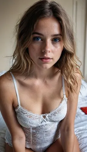 young dark woman, girl-next door, small face, round face, big nose, round nose, long hair, cute, brunette, straight hair, dark brown eyes, skinny, petite, no makeup, natural, strapless camisole nighty
