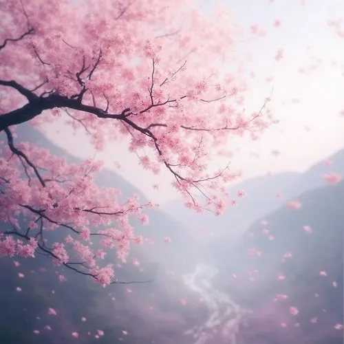Create a serene artwork featuring a cherry blossom tree in full bloom, its delicate pink flowers scattered against a soft pastel background. The branches should be dark and intricate, standing out pro